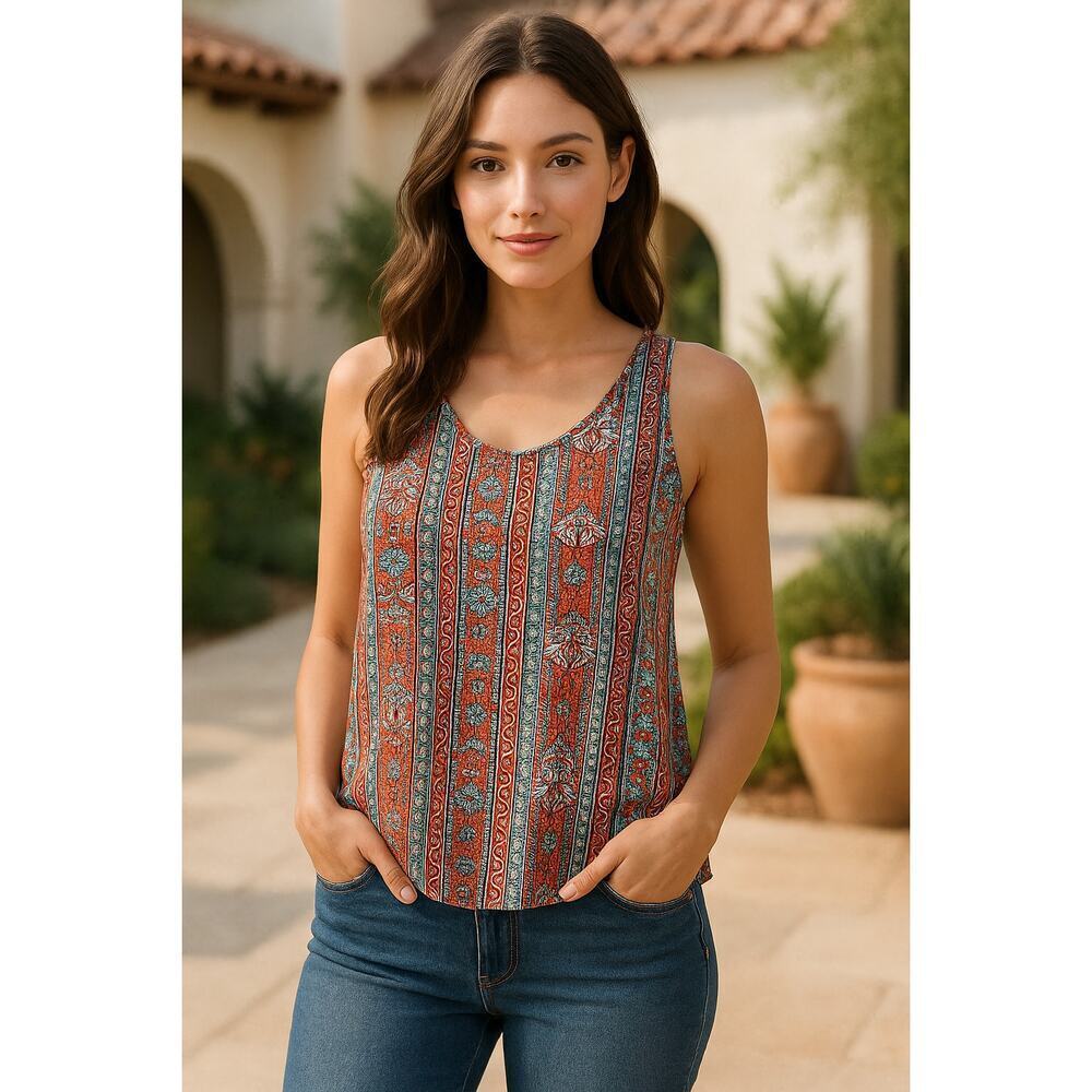 Pink Rose Sleeveless Boho Print Blouse with Keyhole Back – Size Small